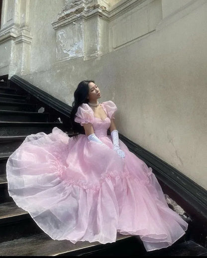 Graceful Ball Gown Off the Shoulder Puff Sleeve Tulle Pleated Sweep Train Evening Dress