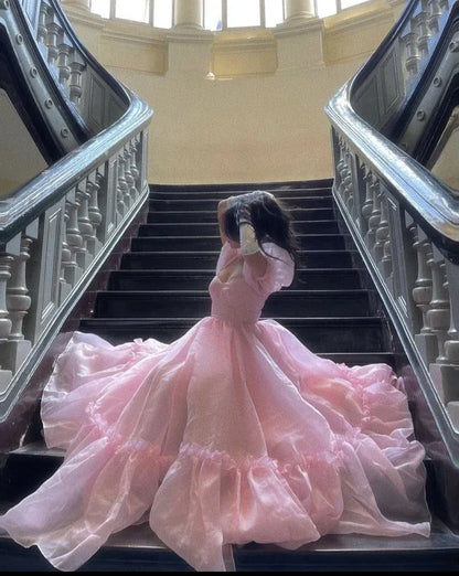 Graceful Ball Gown Off the Shoulder Puff Sleeve Tulle Pleated Sweep Train Evening Dress