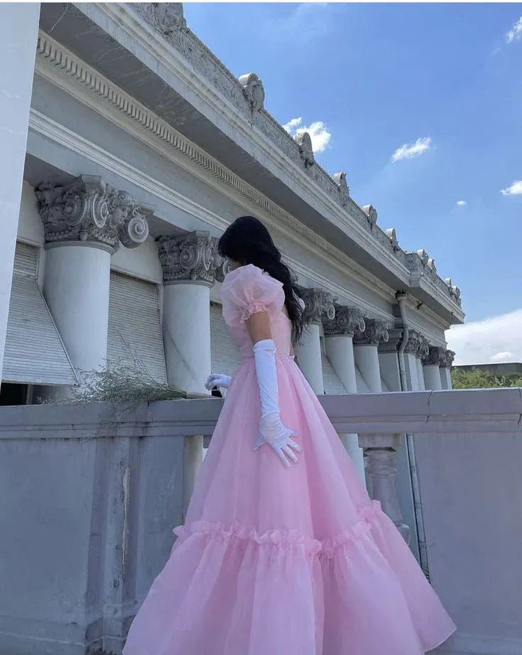 Graceful Ball Gown Off the Shoulder Puff Sleeve Tulle Pleated Sweep Train Evening Dress