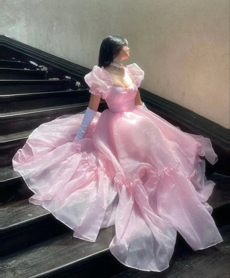 Graceful Ball Gown Off the Shoulder Puff Sleeve Tulle Pleated Sweep Train Evening Dress