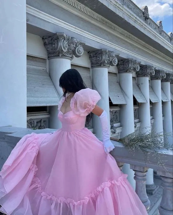 Graceful Ball Gown Off the Shoulder Puff Sleeve Tulle Pleated Sweep Train Evening Dress