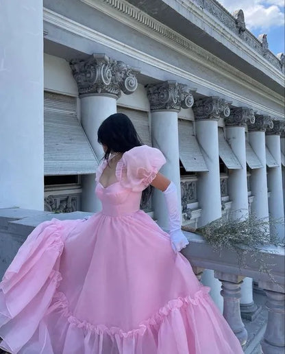 Graceful Ball Gown Off the Shoulder Puff Sleeve Tulle Pleated Sweep Train Evening Dress