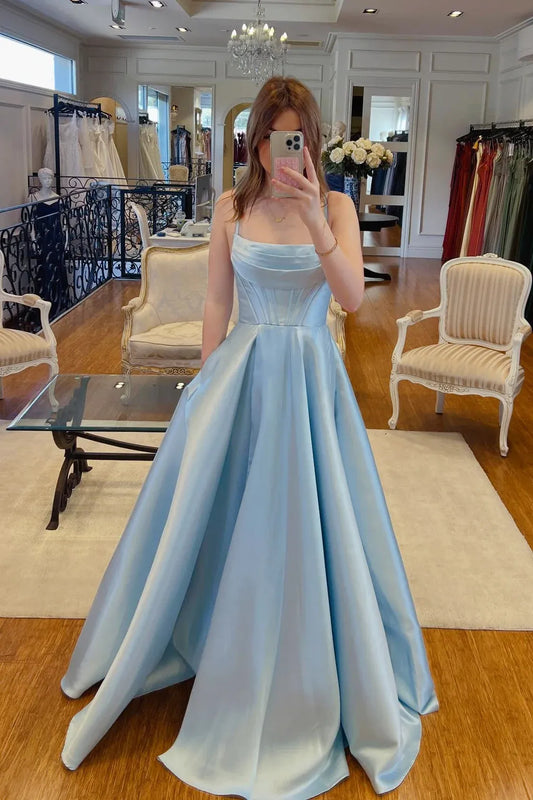 Graceful Ball Gown Spaghetti-Strap Sleeveless Lace Up Satin Floor-Length Prom Dress