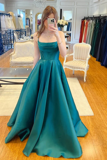 Graceful Ball Gown Spaghetti-Strap Sleeveless Lace Up Satin Floor-Length Prom Dress