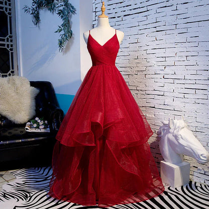 Graceful Ball Gown V Neck Sleeveless Tulle Pleated Floor-Length Prom Dress