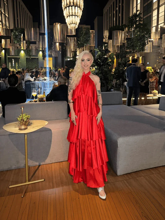 Graceful Halter Sleeveless A Line Tiered Satin Long Prom Dress