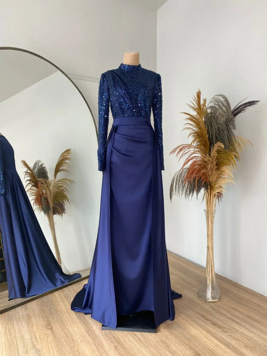 Graceful High Neck Bodycon Long Sleeve Pleated Sequins Floor-Length Evening Dress