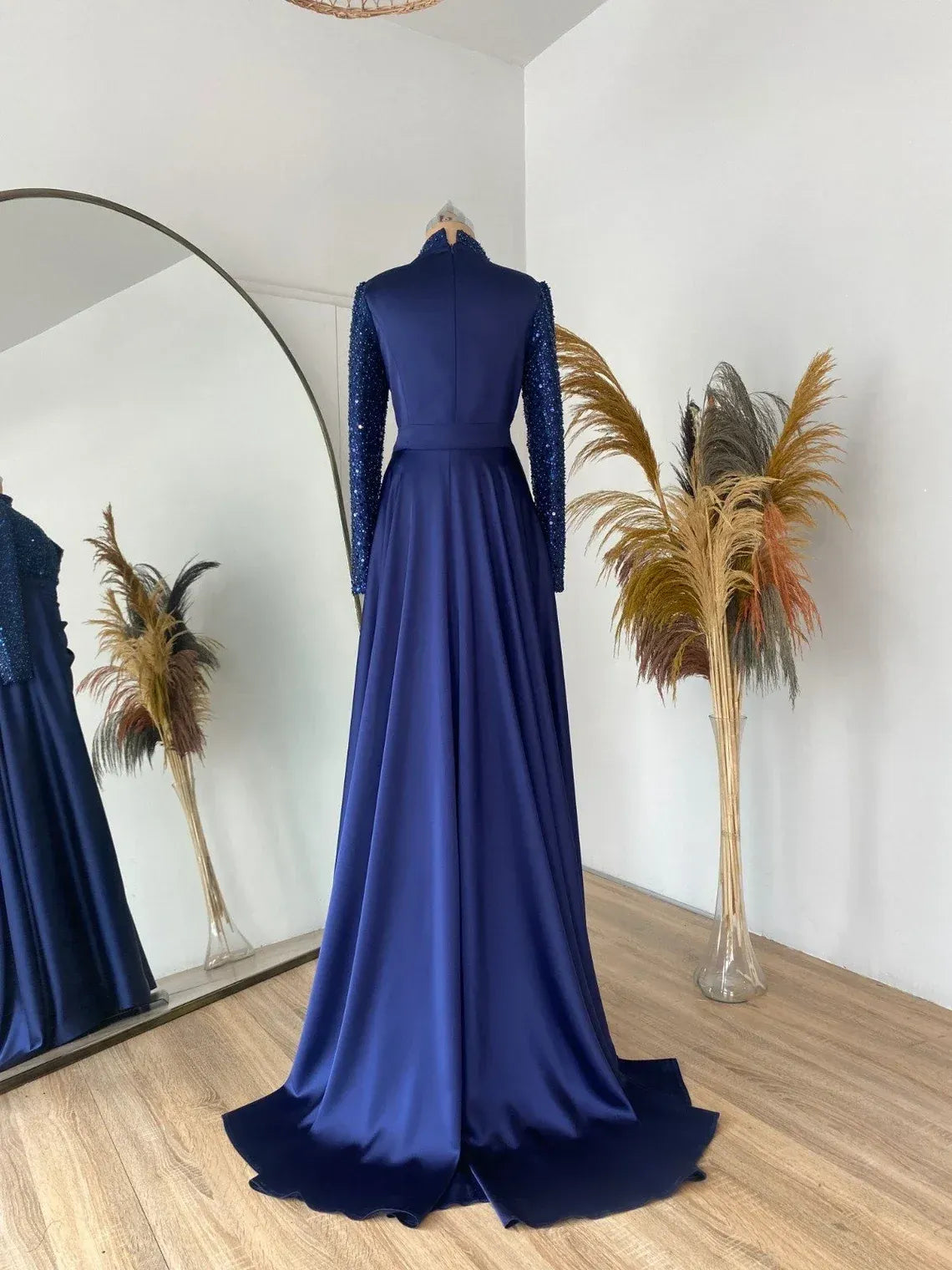Graceful High Neck Bodycon Long Sleeve Pleated Sequins Floor-Length Evening Dress