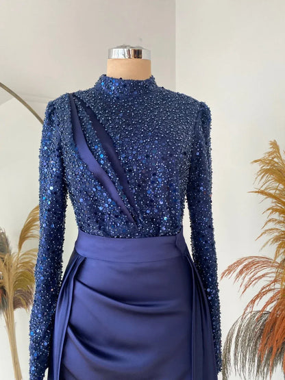 Graceful High Neck Bodycon Long Sleeve Pleated Sequins Floor-Length Evening Dress