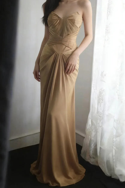 Graceful Mermaid Strapless Sleeveless Satin Floor-Length Pleated Prom Dress