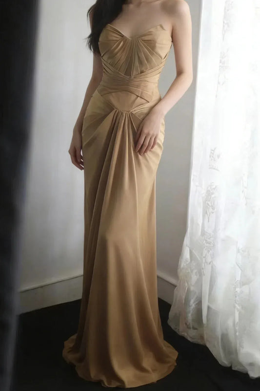 Graceful Mermaid Strapless Sleeveless Satin Floor-Length Pleated Prom Dress
