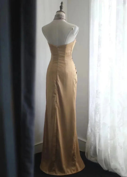 Graceful Mermaid Strapless Sleeveless Satin Floor-Length Pleated Prom Dress