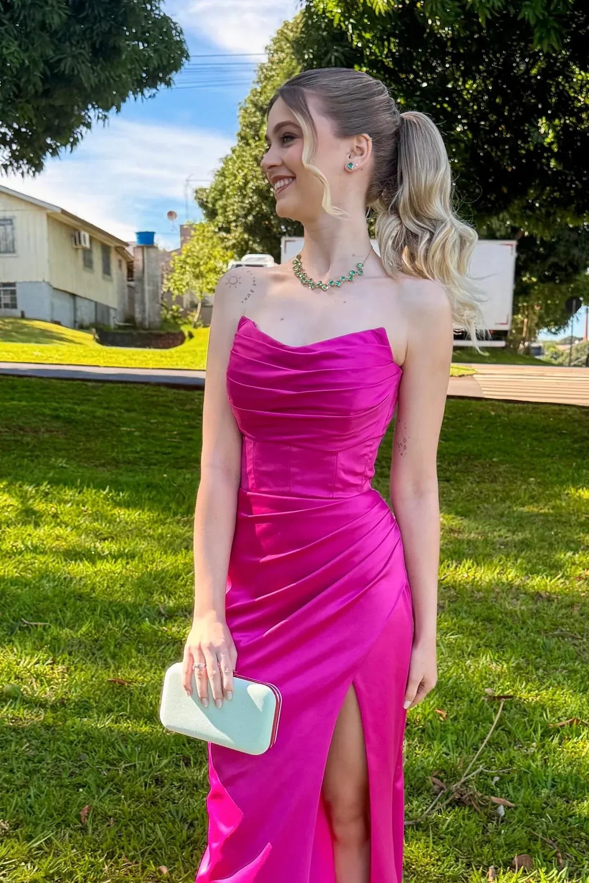 Graceful Mermaid Strapless Sleeveless Satin Pleated Floor-Length Prom Dress