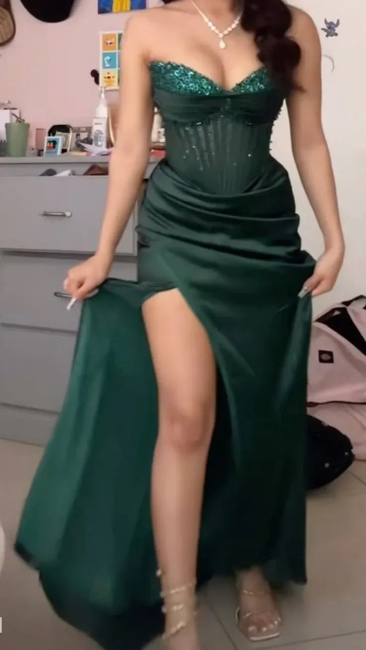 Graceful Mermaid Strapless Sleeveless Split Satin Floor-Length Prom Dress