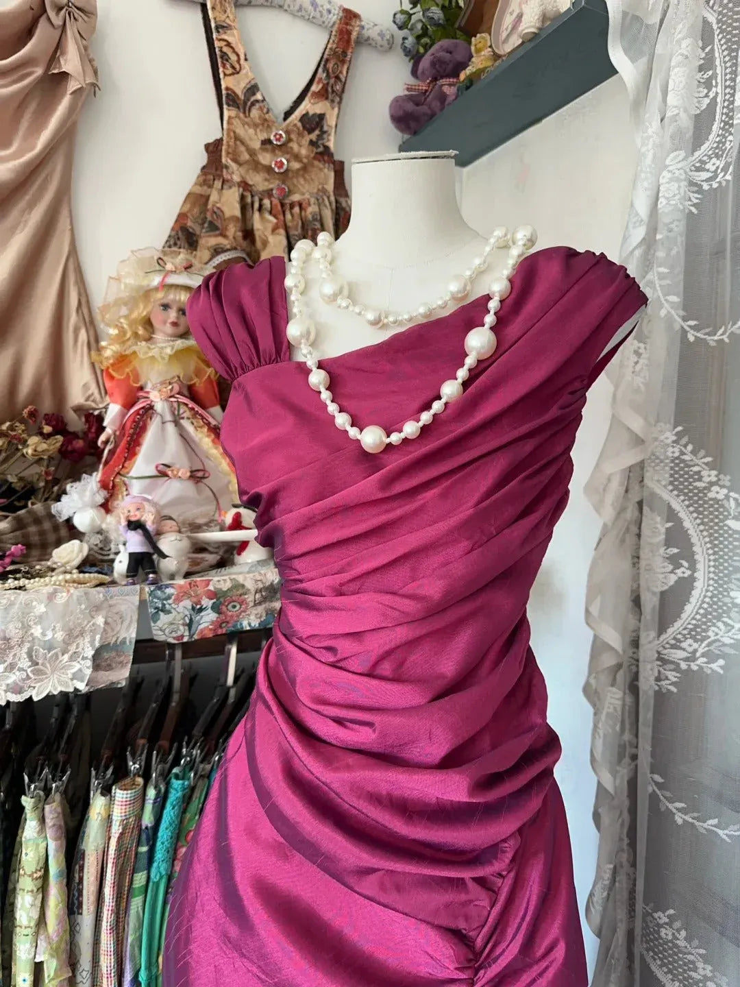 Graceful Mermaid/Trumpet Asymmetrical Neck Sleeveless Pleated Satin Floor-Length Prom Dress