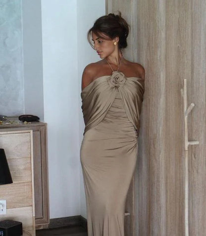 Graceful Sheath/Column Halter Neck Sleeveless Satin Lace Up Floor Length Prom Dress
