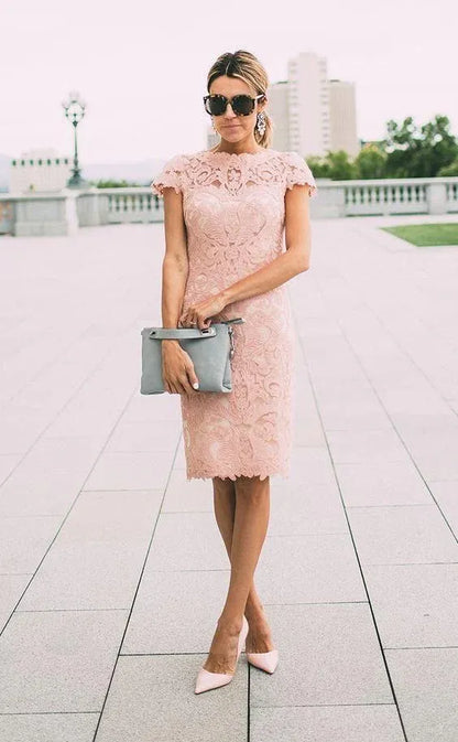 Graceful Sheath/Column High Neck Cap Sleeve Lace Up Knee-Length Prom Dress