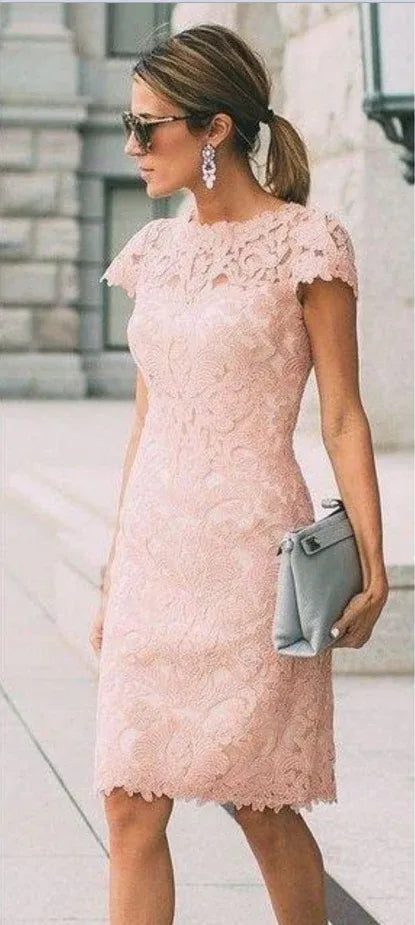 Graceful Sheath/Column High Neck Cap Sleeve Lace Up Knee-Length Prom Dress