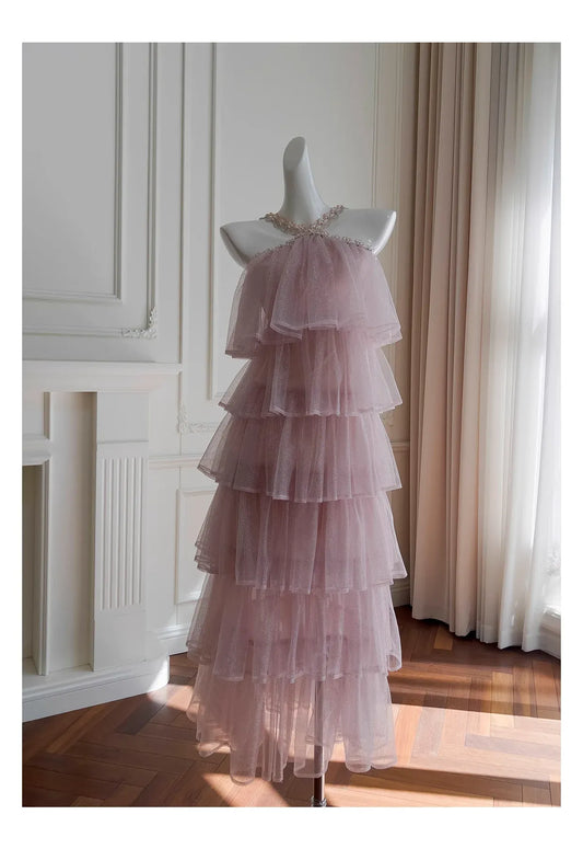 Graceful Sheath Halter Neck Sleeveless Tiered Tulle Floor-Length Prom Dress