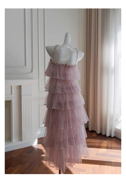 Graceful Sheath Halter Neck Sleeveless Tiered Tulle Floor-Length Prom Dress