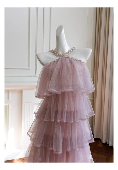 Graceful Sheath Halter Neck Sleeveless Tiered Tulle Floor-Length Prom Dress