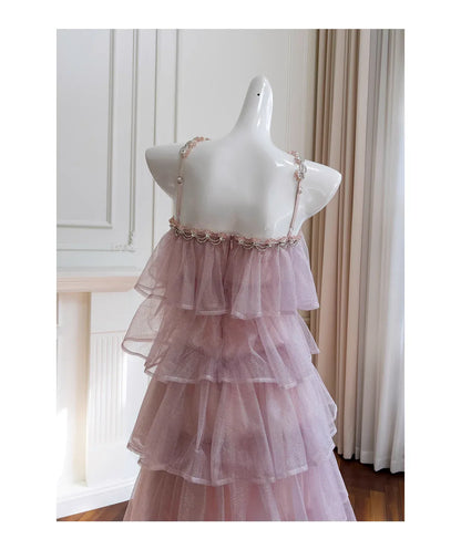 Graceful Sheath Halter Neck Sleeveless Tiered Tulle Floor-Length Prom Dress
