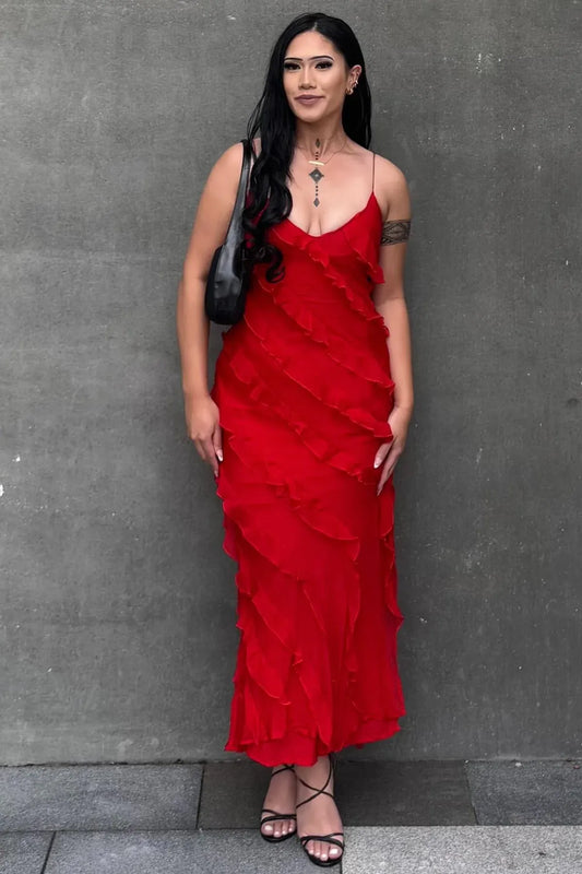 Graceful Sheath Spaghetti Straps Sleeveless Lace Up Ruffle Satin Floor-Length Prom Dress