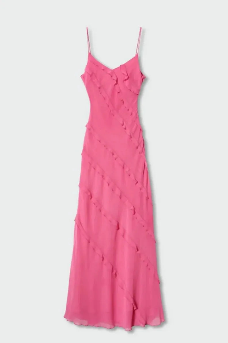 Graceful Sheath Spaghetti Straps Sleeveless Lace Up Ruffle Satin Floor-Length Prom Dress