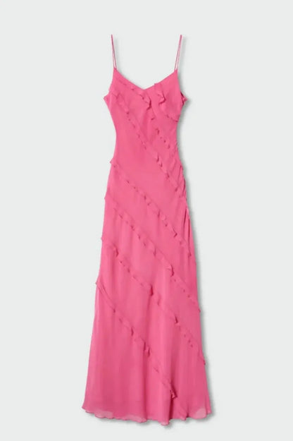 Graceful Sheath Spaghetti Straps Sleeveless Lace Up Ruffle Satin Floor-Length Prom Dress