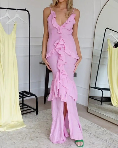 Graceful Sheath V Neck Sleeveless Chiffon Ruffles Floor-Length Party Dress