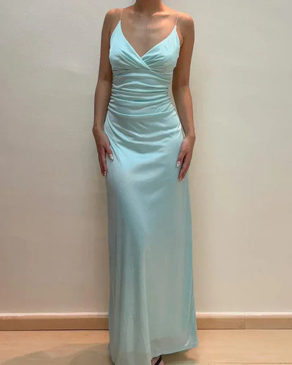 Graceful V Neck Bodycon Sleeveless Pleated Floor-Length Prom Dress