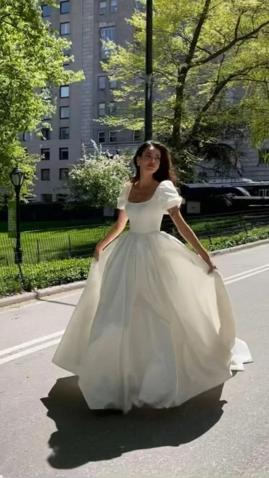Graceful A-Line Square Neck Puffy Sleeves Romantic Ivory Floor-Length Evening Gown