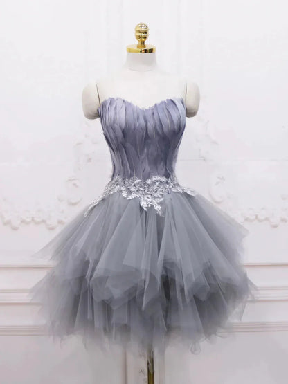 Gray Sweetheart Neck Short Prom Dress A Line Party Dress with Feather