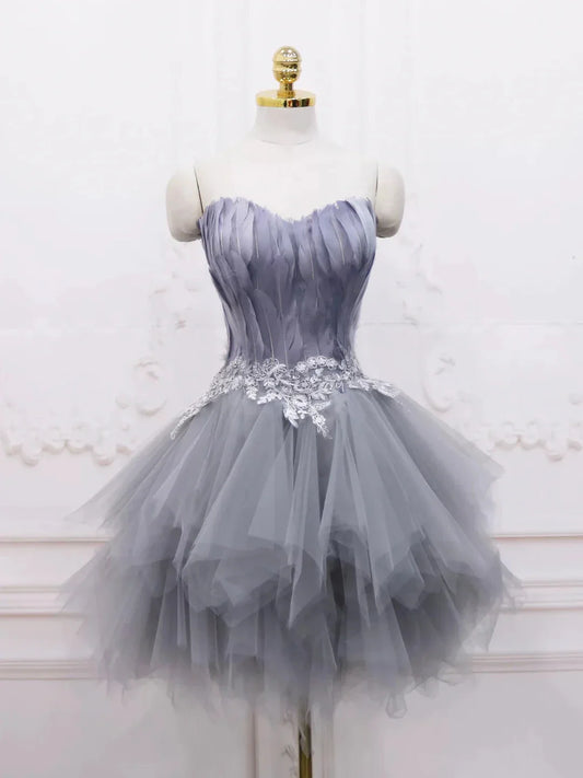Gray Sweetheart Neck Short Prom Dress A Line Party Dress with Feather