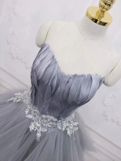 Gray Sweetheart Neck Short Prom Dress A Line Party Dress with Feather