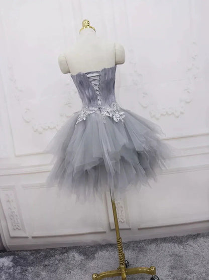 Gray Sweetheart Neck Short Prom Dress A Line Party Dress with Feather