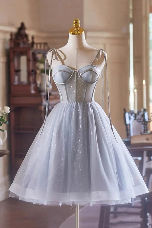Gray Tulle Knee Length A-Line Party Dress Lovely Spaghetti Strap Evening Dress