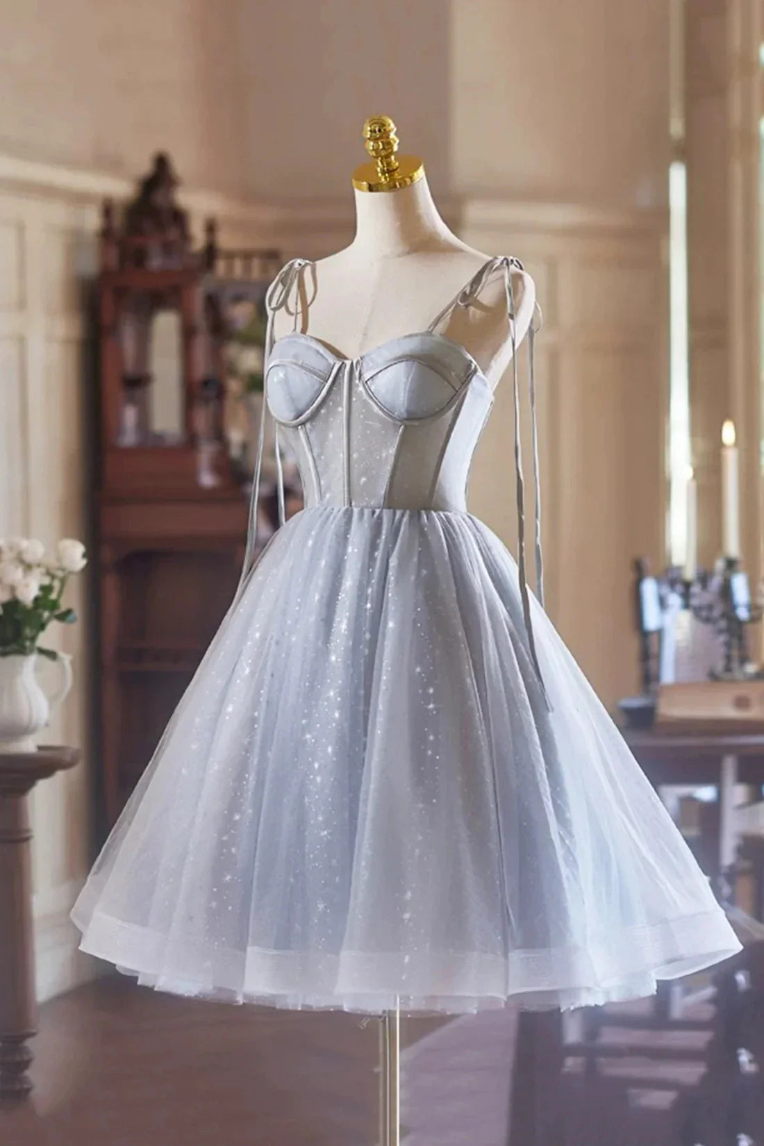 Gray Tulle Knee Length A-Line Party Dress Lovely Spaghetti Strap Evening Dress