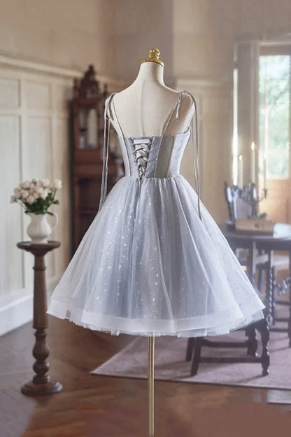 Gray Tulle Knee Length A-Line Party Dress Lovely Spaghetti Strap Evening Dress