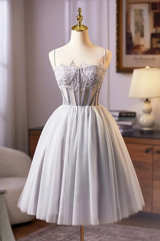 Gray Tulle Lace Short Prom Dress A-Line Evening Party Dress