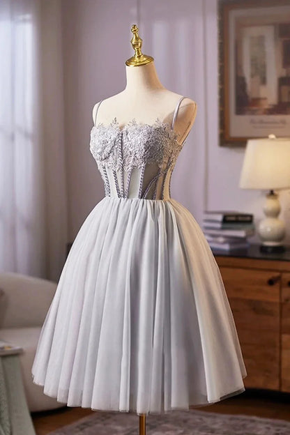 Gray Tulle Lace Short Prom Dress A-Line Evening Party Dress