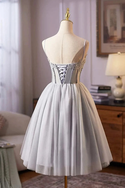 Gray Tulle Lace Short Prom Dress A-Line Evening Party Dress