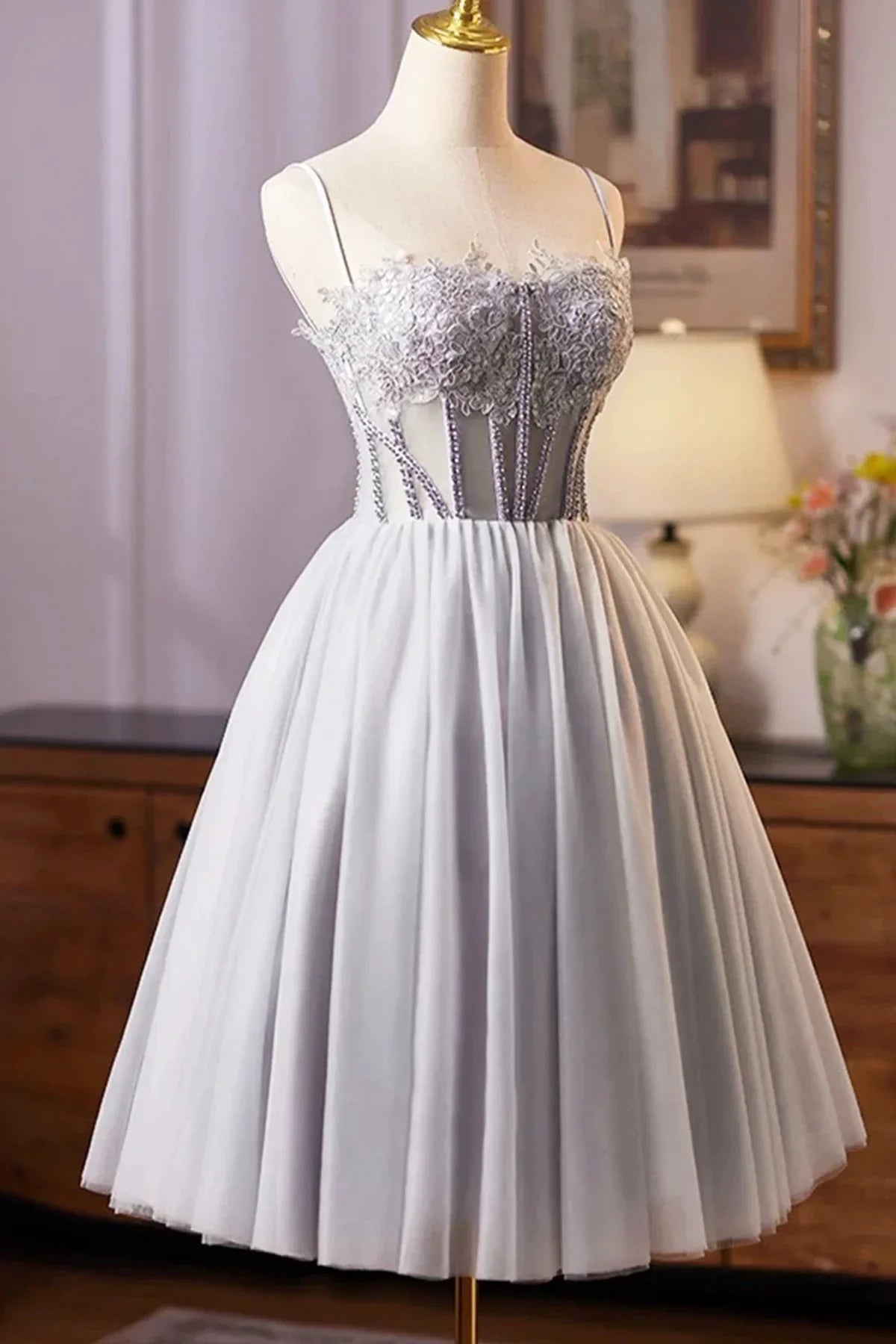Gray Tulle Lace Short Prom Dress A-Line Evening Party Dress