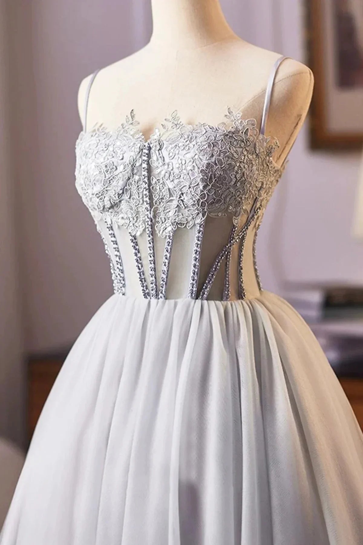 Gray Tulle Lace Short Prom Dress A-Line Evening Party Dress