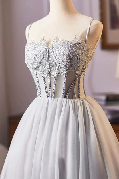 Gray Tulle Lace Short Prom Dress A-Line Evening Party Dress