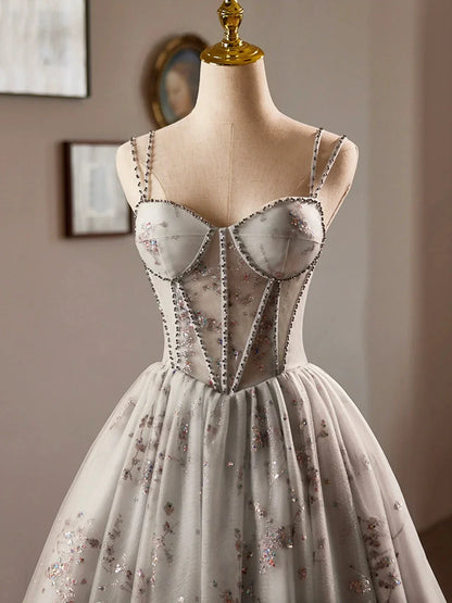 Gray Tulle Sequins Short A-Line Prom Dress Lovely Spaghetti Strap Evening Party Dress