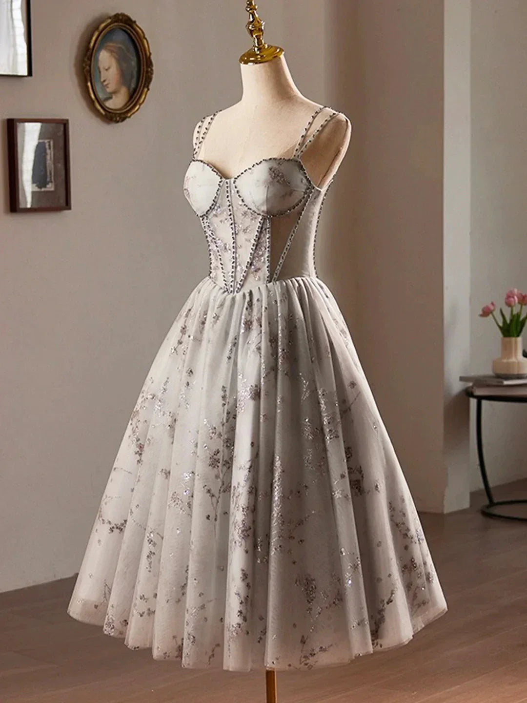 Gray Tulle Sequins Short A-Line Prom Dress Lovely Spaghetti Strap Evening Party Dress