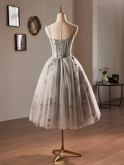 Gray Tulle Sequins Short A-Line Prom Dress Lovely Spaghetti Strap Evening Party Dress
