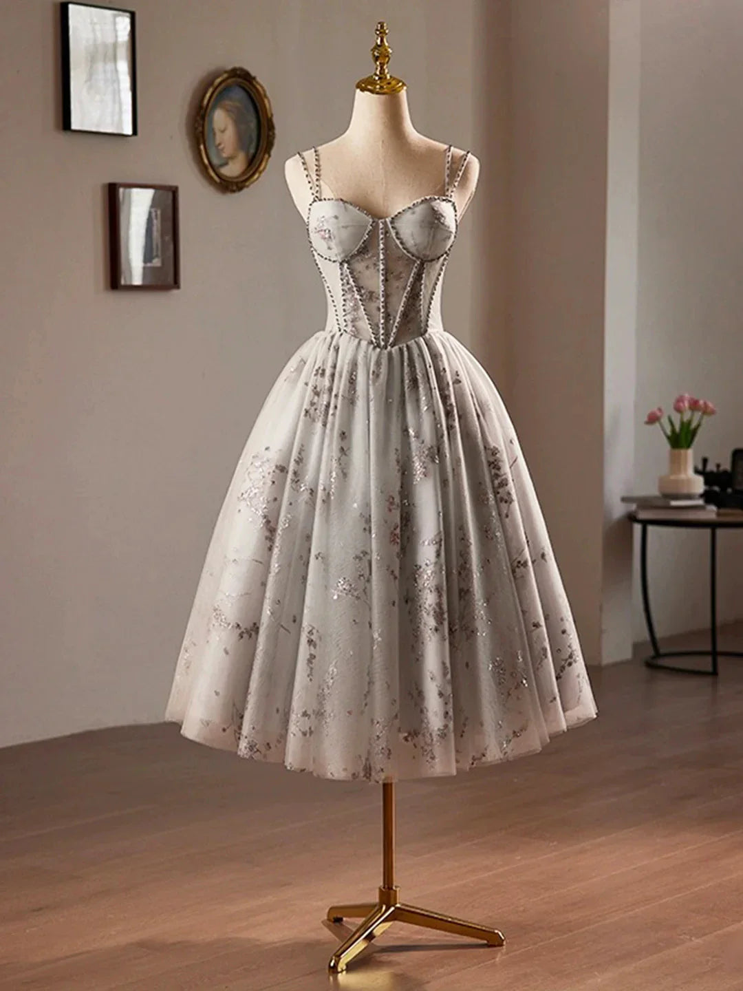Gray Tulle Sequins Short A-Line Prom Dress Lovely Spaghetti Strap Evening Party Dress