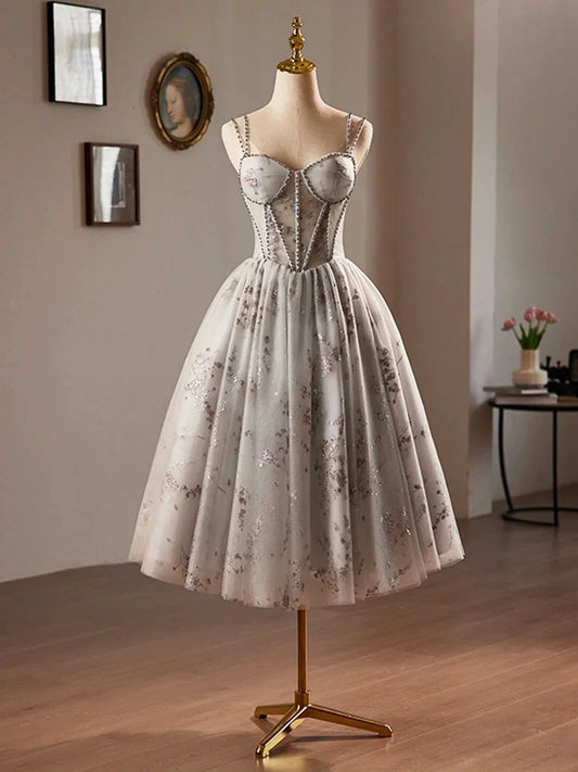 Gray Tulle Sequins Short A-Line Prom Dress Lovely Spaghetti Strap Evening Party Dress
